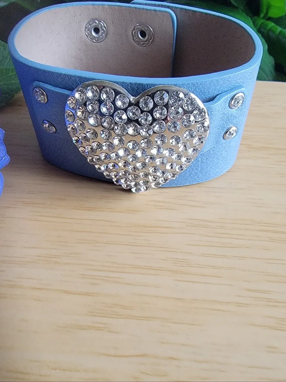 Rhinestone Heart Blue Faux Leather Cuff Bracelet
